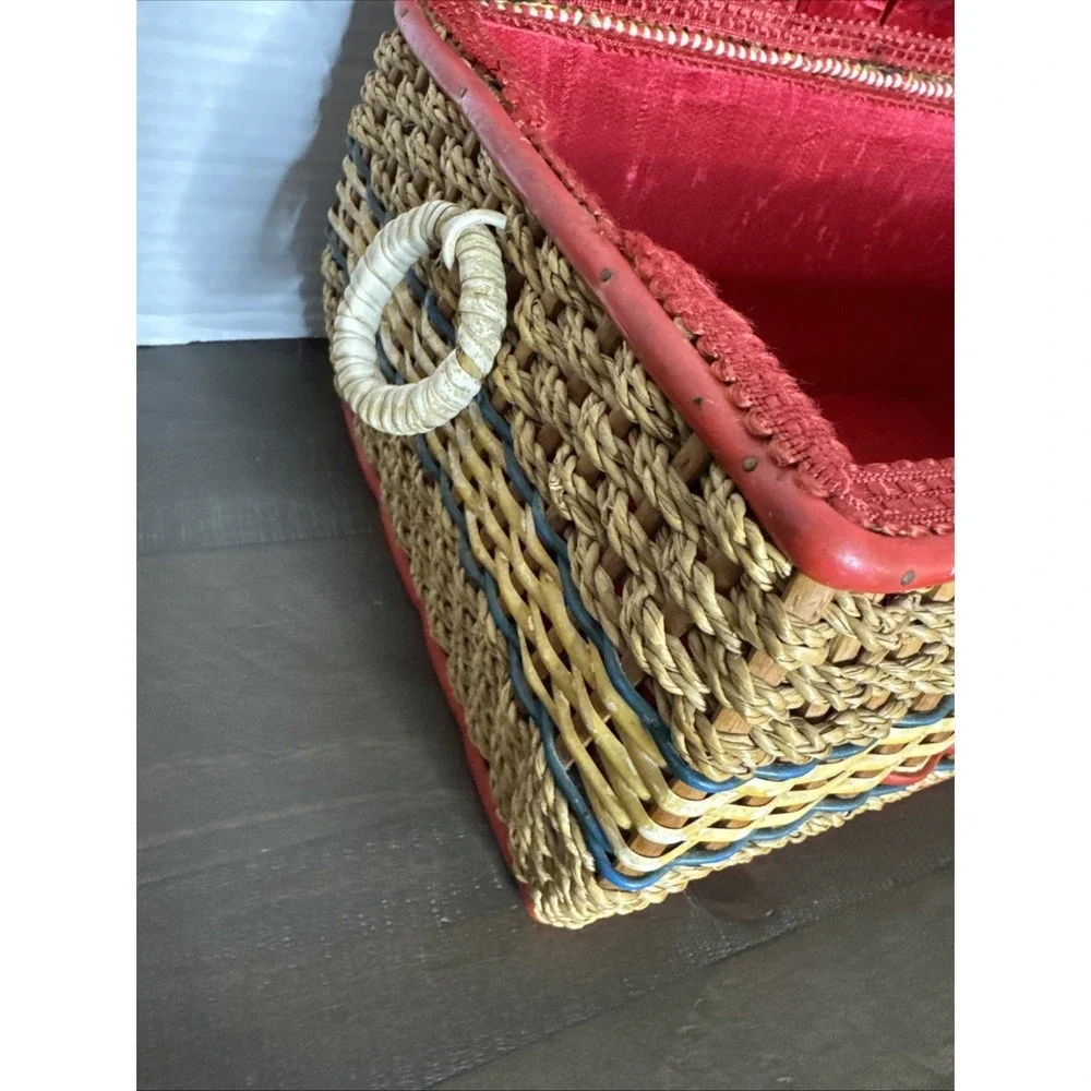 Vintage Woven Floral Sewing Basket Tray Tapestry 11